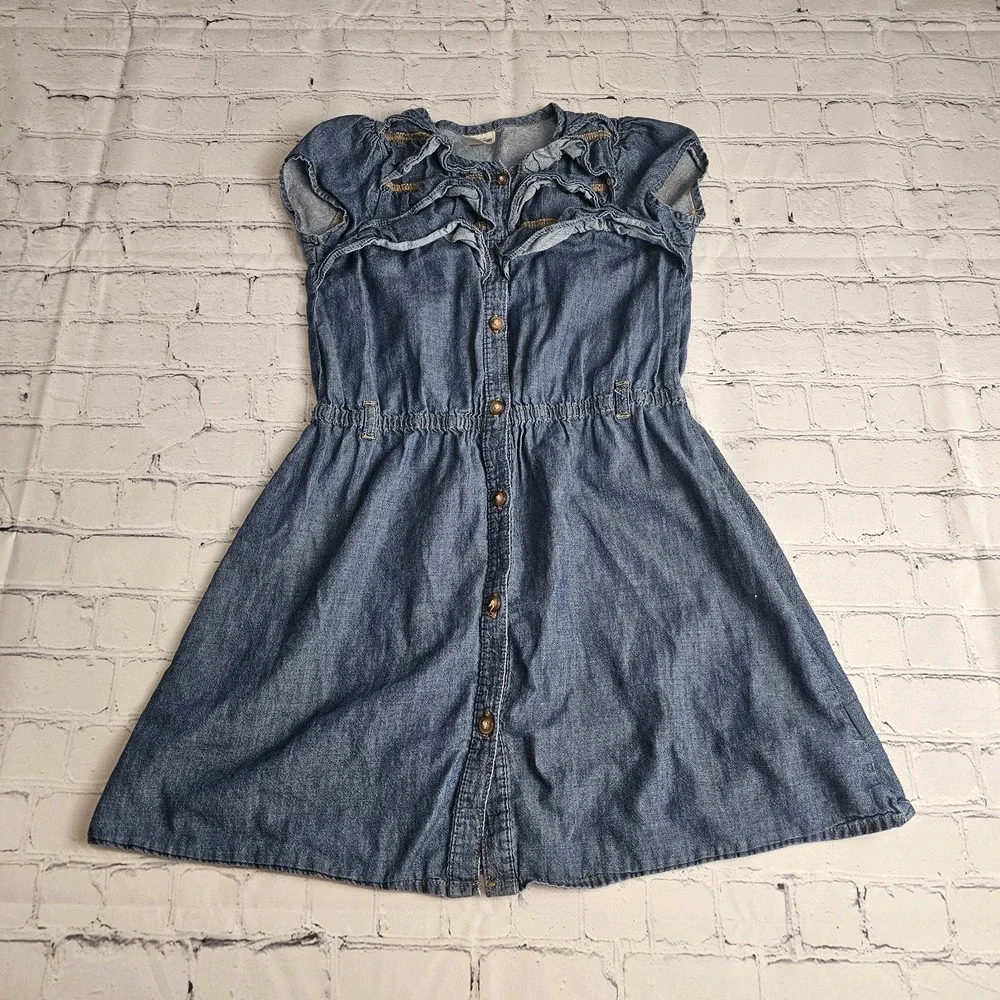 OshKosh B'gosh Kids 6X Dress Girls Denim Cap Sleeve‎ Button Ruffles Blue